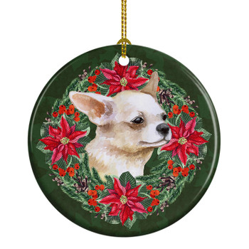 Chihuahua Leg up Poinsettia Wreath Ceramic Christmas Ornament product image at NuMercy