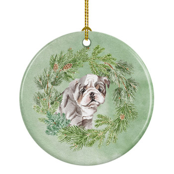 Bulldog Lilac Puppy Christmas Wreath Ceramic Ornament product image at NuMercy