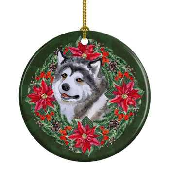 Alaskan Malamute Poinsettia Wreath Ceramic Christmas Ornament product image at NuMercy