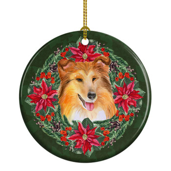 Sheltie Poinsettia Wreath Ceramic Christmas Ornament product image at NuMercy