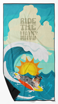 Surfer Dog Blue Merle Sheltie Premium Beach Towel Oversized product image at NuMercy