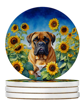 Bullmastiff in Sunflowers Large Sandstone Absorbent Round Coasters Pack of 4 product image at NuMercy