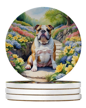 English Bulldog Spring Path Large Sandstone Absorbent Round Coasters Pack of 4 DAC6622 product image at NuMercy