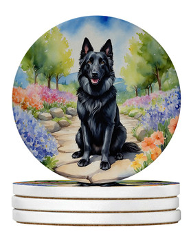 Belgian Sheepdog Spring Path Large Sandstone Absorbent Round Coasters Pack of 4 product image at NuMercy