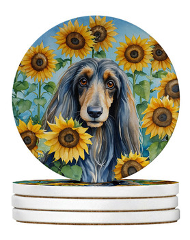 Afghan Hound in Sunflowers Large Sandstone Absorbent Round Coasters Pack of 4 product image at NuMercy