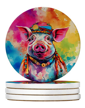 Hippie Animal Pig Large Sandstone Absorbent Round Coasters Pack of 4 DAC4025 product image at NuMercy