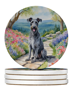 Scottish Deerhound Spring Path Large Sandstone Absorbent Round Coasters Pack of 4 product image at NuMercy