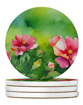 Iowa Wild Prairie Roses in Watercolor Large Sandstone Absorbent Round Coasters Pack of 4 DAC1651 product image at NuMercy