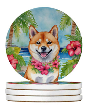 Shiba Inu Luau Large Sandstone Absorbent Round Coasters Pack of 4 product image at NuMercy