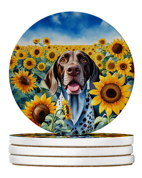 German Shorthaired Pointer in Sunflowers Large Sandstone Absorbent Round Coasters Pack of 4 product image at NuMercy