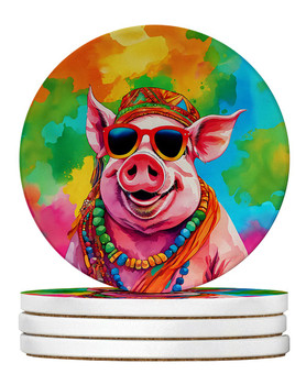 Hippie Animal Pig Large Sandstone Absorbent Round Coasters Pack of 4 DAC4027 product image at NuMercy