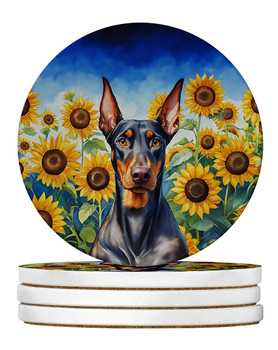 Doberman Pinscher in Sunflowers Large Sandstone Absorbent Round Coasters Pack of 4 product image at NuMercy