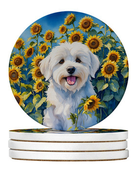 Coton de Tulear in Sunflowers Large Sandstone Absorbent Round Coasters Pack of 4 product image at NuMercy