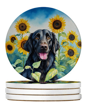 Flat-Coated Retriever in Sunflowers Large Sandstone Absorbent Round Coasters Pack of 4 product image at NuMercy