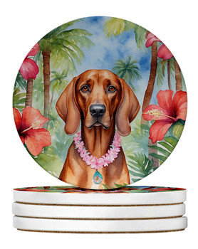 Redbone Coonhound Luau Large Sandstone Absorbent Round Coasters Pack of 4 product image at NuMercy