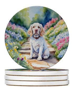 Clumber Spaniel Spring Path Large Sandstone Absorbent Round Coasters Pack of 4 product image at NuMercy