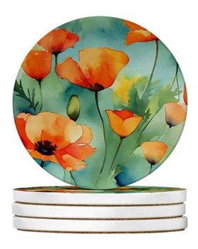 California California Poppies in Watercolor Large Sandstone Absorbent Round Coasters Pack of 4 DAC1629 product image at NuMercy