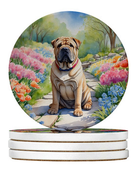 Shar Pei Spring Path Large Sandstone Absorbent Round Coasters Pack of 4 product image at NuMercy