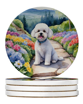 Bichon Frise Spring Path Large Sandstone Absorbent Round Coasters Pack of 4 product image at NuMercy