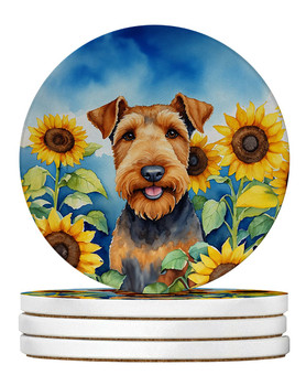 Airedale Terrier in Sunflowers Large Sandstone Absorbent Round Coasters Pack of 4 product image at NuMercy