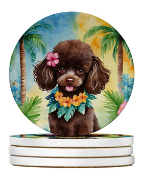 Chocolate Poodle Luau Large Sandstone Absorbent Round Coasters Pack of 4 DAC6500 product image at NuMercy
