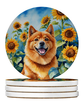 Finnish Spitz in Sunflowers Large Sandstone Absorbent Round Coasters Pack of 4 product image at NuMercy
