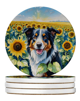 Border Collie in Sunflowers Large Sandstone Absorbent Round Coasters Pack of 4 DAC6032 product image at NuMercy