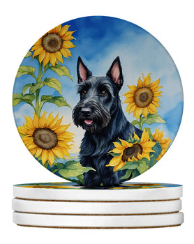 Scottish Terrier in Sunflowers Large Sandstone Absorbent Round Coasters Pack of 4 product image at NuMercy