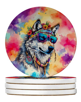 Hippie Animal Wolf Large Sandstone Absorbent Round Coasters Pack of 4 DAC4051 product image at NuMercy