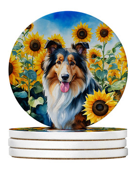 Collie in Sunflowers Large Sandstone Absorbent Round Coasters Pack of 4 product image at NuMercy