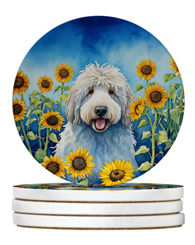 Komondor in Sunflowers Large Sandstone Absorbent Round Coasters Pack of 4 product image at NuMercy