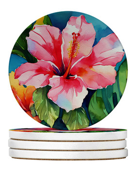 Hawaii Hawaiian Hibiscus in Watercolor Large Sandstone Absorbent Round Coasters Pack of 4 DAC1644 product image at NuMercy