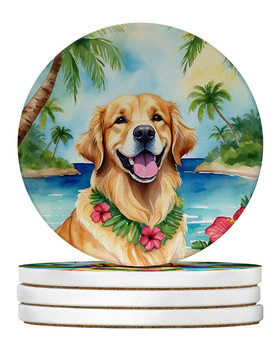 Golden Retriever Luau Large Sandstone Absorbent Round Coasters Pack of 4 product image at NuMercy