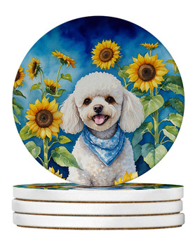 White Poodle in Sunflowers Large Sandstone Absorbent Round Coasters Pack of 4 DAC6141 product image at NuMercy