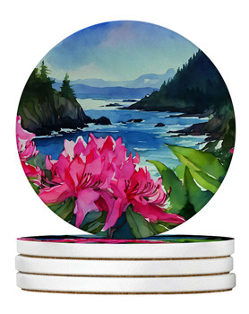 Washington Coast Rhododendrons in Watercolor Large Sandstone Absorbent Round Coasters Pack of 4 product image at NuMercy