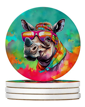 Hippie Animal Rhinoceros Large Sandstone Absorbent Round Coasters Pack of 4 DAC4036 product image at NuMercy