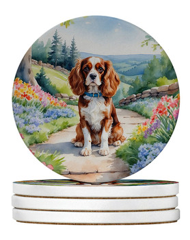 Cavalier Spaniel Spring Path Large Sandstone Absorbent Round Coasters Pack of 4 DAC6593 product image at NuMercy