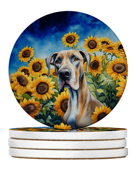 Great Dane in Sunflowers Large Sandstone Absorbent Round Coasters Pack of 4 DAC6092 product image at NuMercy