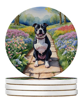 Staffordshire Bull Terrier Spring Path Large Sandstone Absorbent Round Coasters Pack of 4 product image at NuMercy