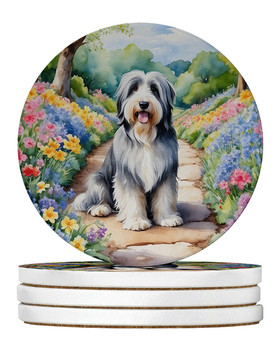 Bearded Collie Spring Garden Large Sandstone Absorbent Round Coasters Pack of 4 product image at NuMercy