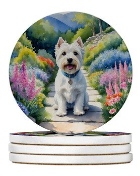 Westie Spring Path Large Sandstone Absorbent Round Coasters Pack of 4 product image at NuMercy