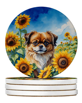 Tibetan Spaniel in Sunflowers Large Sandstone Absorbent Round Coasters Pack of 4 product image at NuMercy