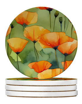 California California Poppies in Watercolor Large Sandstone Absorbent Round Coasters Pack of 4 DAC1630 product image at NuMercy