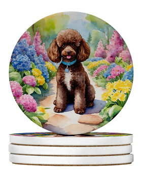Chocolate Poodle Spring Path Large Sandstone Absorbent Round Coasters Pack of 4 DAC6695 product image at NuMercy