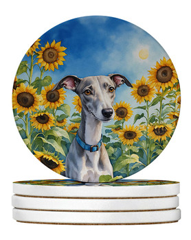 Whippet in Sunflowers Large Sandstone Absorbent Round Coasters Pack of 4 product image at NuMercy