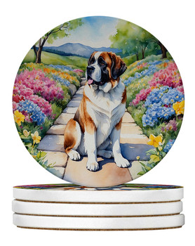 Saint Bernard Spring Path Large Sandstone Absorbent Round Coasters Pack of 4 product image at NuMercy