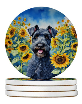 Kerry Blue Terrier in Sunflowers Large Sandstone Absorbent Round Coasters Pack of 4 product image at NuMercy