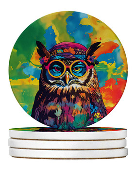 Hippie Animal Owl Large Sandstone Absorbent Round Coasters Pack of 4 DAC4015 product image at NuMercy