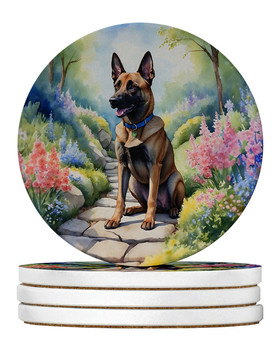 Belgian Malinois Spring Garden Large Sandstone Absorbent Round Coasters Pack of 4 product image at NuMercy