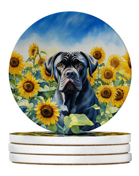 Cane Corso in Sunflowers Large Sandstone Absorbent Round Coasters Pack of 4 product image at NuMercy